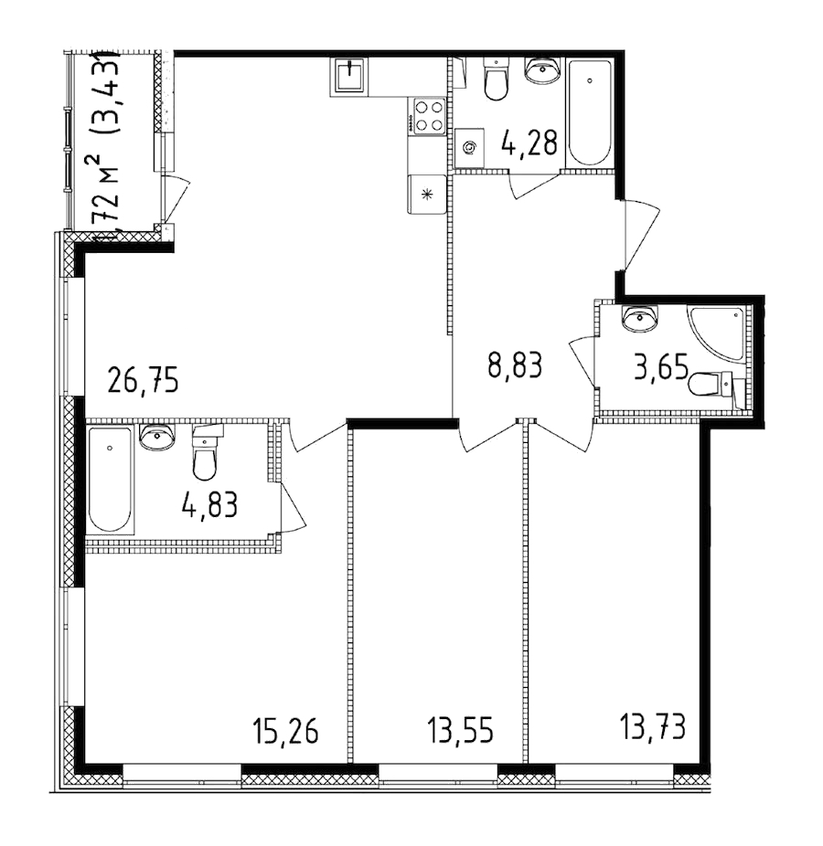 3-комнатная квартира 90.88 м², 1/14 эт., ЖК «Чёрная речка»